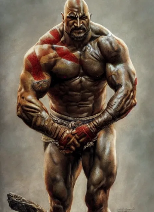 Prompt: a highly detailed beautiful portrait of dwayne johnson kratos hybrid god of war, spartan warrior, olympian god, muscular!!, james gurney, frank frazetta, boris vallejo, octane, fantasy