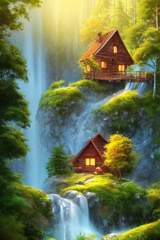 Image similar to scandinavian house in the forest on a hill, pixar, a waterfall flows down from the mountain in the background, vector art, fabulous, global illumination, warm lighting, by jordan grimmer