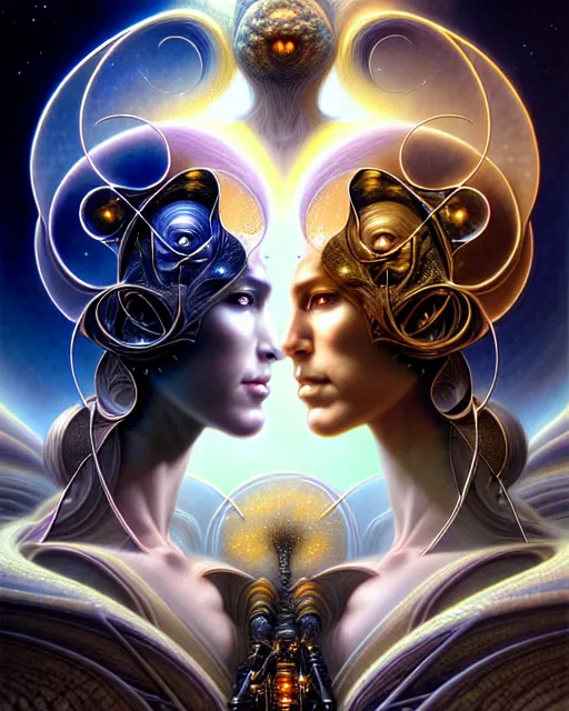 Image similar to a portrait of gemini light and dark fantasy character portrait made of fractals facing each other, ultra realistic, wide angle, intricate details, the fifth element artifacts, highly detailed by peter mohrbacher, hajime sorayama, wayne barlowe, boris vallejo, aaron horkey, gaston bussiere, craig mullins