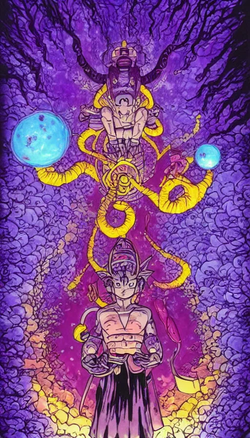 Image similar to a future scifi ancient god on the middle of a purple forest holding a portal that's about to explode, illustration, art by Akira Toriyama