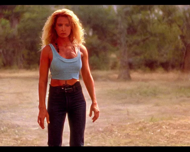 Prompt: a still of full body Sarah Bryant, of Virtua Figther, in the movie Hard Target (1993), HDR, high quality, 8k, highly detailed and intricate,