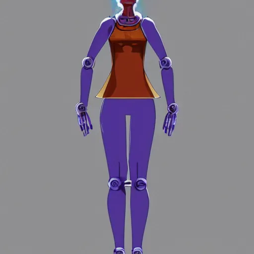 Prompt: Tall sweet woman with an athletic build. She is a bio-machine. There is a crystal in her chest that can be removed. She lost her arms in a fight and now has to use cybernetic ones that attach at the shoulder. Her face and eyes are sharp but kind. Facial features fit her face. Small ears. She has a tail that she wraps around her waist at times. Her hair is in a slightly messy bob and colored light blue. Digital character art trending on artstation.