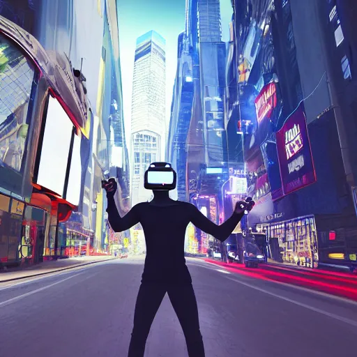 Image similar to Super hero wearing a virtual reality headset in big city, render, ray tracing