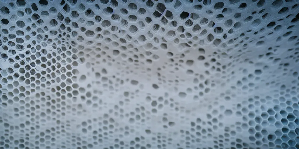 Image similar to real white honeycomb organic building, film still from the movie directed by denis villeneuve aesthetic with art direction by zdzisław beksinski, telephoto lens, shallow depth of field