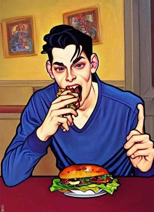 Prompt: oil painting, jughead jones devours a hamburger, intricate, elegant, highly detailed, lighting, painting, artstation, smooth, illustration, art by greg rutowski and alphonse mucha