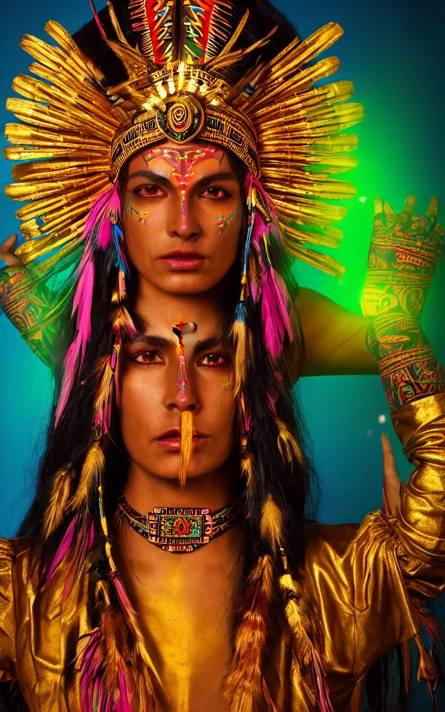 Image similar to native - aztec - neon - dmt warrior - princess goddess with a golden headdress, piercing glowing eyes, a beautiful body with aztec - dmt gilded gold foil tattoos, full - body uncropped photo, 4 k cinematic hyperdetailed photorender realityengine ultrahd 1 0 0 mp photo