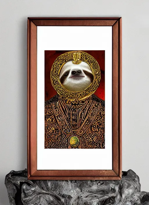 Image similar to sloth as the king of cups, copper cup, coper crown, poster framed, intricate details, medieval art style, high contrast, posterized