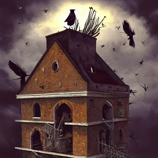 Image similar to A clown on the roof of the church playing with crows, by Android Jones and M. C. Escher collaboration, futurist, digital art, dramatic lighting, symbolic