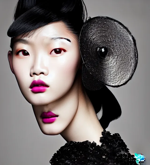 Prompt: photography face portrait of stunning japanese model like ming xi. great hair style, half in shadow, natural pose, natural lighing, rim lighting, wearing an ornate stunning sophisticated coat and hat created by iris van herpen, with a colorfull makeup by benjamin puckey, highly detailed, skin grain detail, photography by paolo roversi