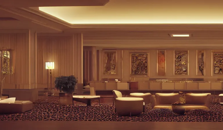 Image similar to a beautiful, sharp focus, clean lines. the interior of a vast 1 9 7 0 s luxury hotel lobby. leopard print. vaporwave ombre rendering. outrun style. trending on artstation. recommended for you behance. wes anderson colors. by chris moore. by edward hopper. ambient occlusion. digital matte painting. metropolis filmic. gotham city.