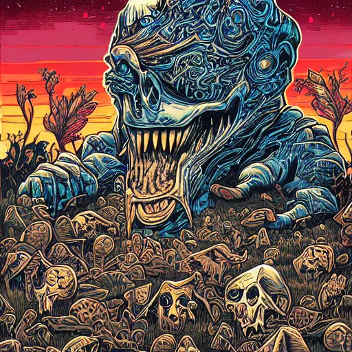 Prompt: head eating itself with long tongue and dark ink bombing from the eye, illustrated by Dan Mumford