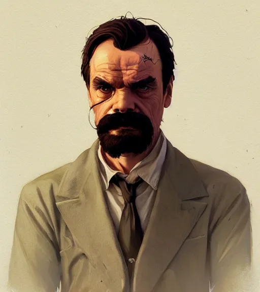 Image similar to Highly detailed portrait Nietzsche in GTA V, Stephen Bliss, unreal engine, fantasy art by Greg Rutkowski, Loish, Rhads, ferdinand knab, Makoto Shinkai and Lois van baarle, ilya kuvshinov, rossdraws, Tom Bagshaw, global illumination, radiant light, detailed and intricate environment