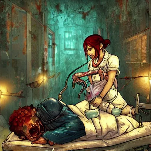 Image similar to “ sensual nurse treating zombie childs in a destroyed hospital, fantasy, artwork ”