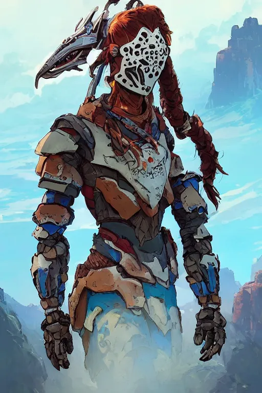 Image similar to combination suit armor aloy horizon forbidden west horizon zero dawn robot ninja mask helmet backpack tribal, art gta 5 comics, official fanart behance hd artstation by jesper ejsing, by rhads, makoto shinkai and lois van baarle, ilya kuvshinov, ossdraws radiating a glowing aura cgi rtx 2 0 2 2