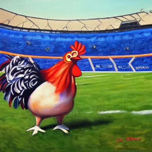 Image similar to the famous funky chicken runs across a football field, interrupting the big game, oil painting