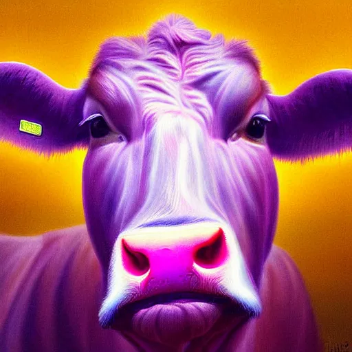 Prompt: digital painting of a guernsey cow by filipe pagliuso and justin gerard, symmetric, neon colours, highly, detailed, realistic, intricate