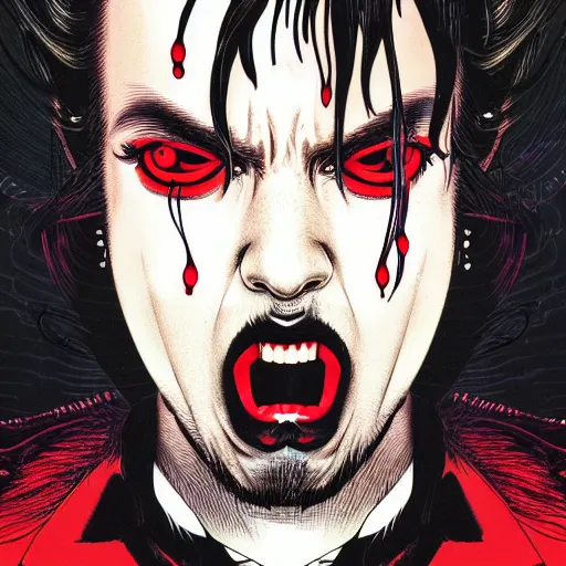 Image similar to portrait of crazy singing post malone with red eyes like hal 9 0 0 0, as vampire, symmetrical, by yoichi hatakenaka, masamune shirow, josan gonzales and dan mumford, ayami kojima, takato yamamoto, barclay shaw, karol bak, yukito kishiro