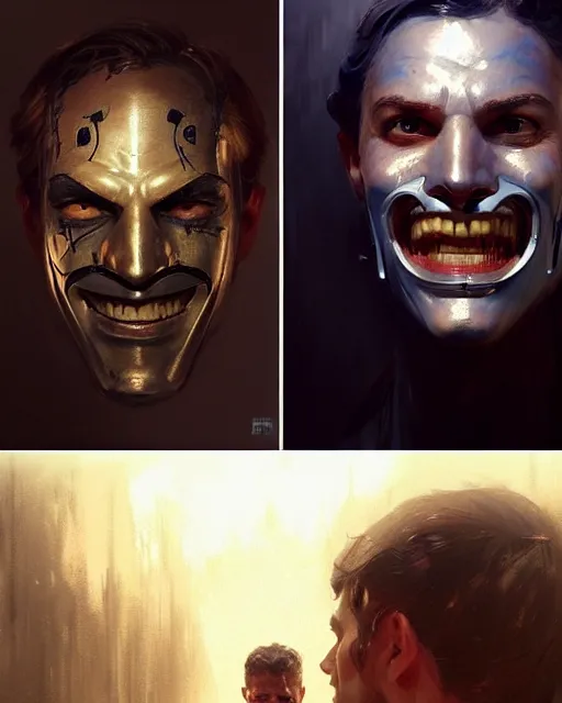 Prompt: a man in a mask : left - half a sad rotten face, right - half a cheerful face, fine details, realistic shaded lighting poster by greg rutkowski, magali villeneuve, artgerm, jeremy lipkin and michael garmash and rob rey