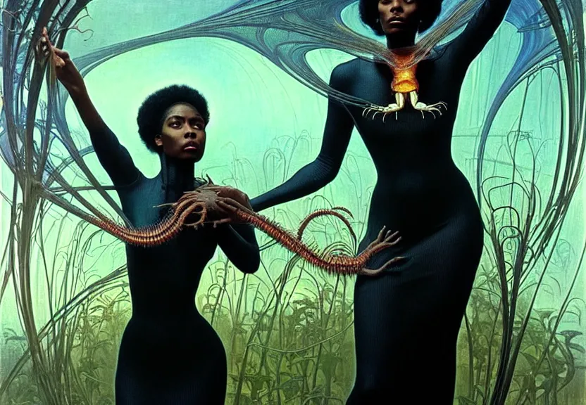 Image similar to realistic detailed portrait movie shot of a beautiful black woman in a transparent sheer dress raincoat dancing with a giant spider, futuristic sci fi landscape background by denis villeneuve, jean delville, monia merlo, ernst haeckel, alphonse mucha, max ernst, caravaggio, roger dean, sci fi necklace, masterpiece, dreamy, rich moody colours