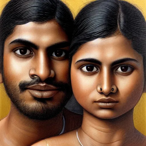 Prompt: perfectly centered symmetrical split male and female portrait of young indian man and woman in love sharing one heart. illustration, highly detailed, simple, no jagged lines, smooth, artstation, artwork by mike worrall