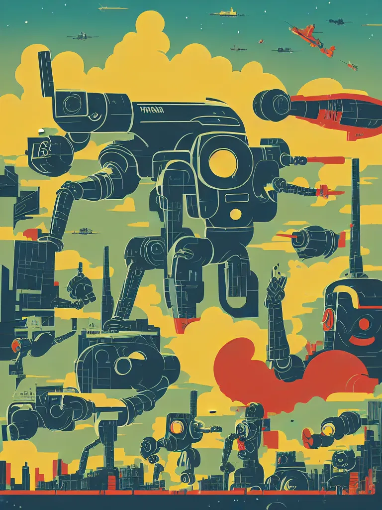 Image similar to tom whalen poster illustration of a large retro science fiction robot battle above city neighbourhood, vintage muted colors, some grungy markings