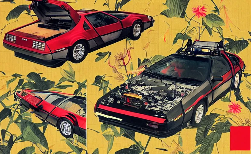 Image similar to a red delorean for a yellow tiger, art by hsiao - ron cheng and utagawa kunisada in a magazine collage, # de 9 5 f 0