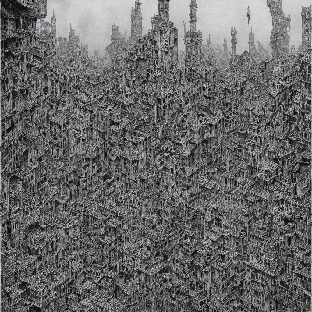 Prompt: old city inhabited by feeble eldritch beings, clear view of lovecraftian civilians, by Mattias Adolfsson, by Zdzisław Beksiński, greeble, modern European ink painting, watercolor, dystopian, surrealism