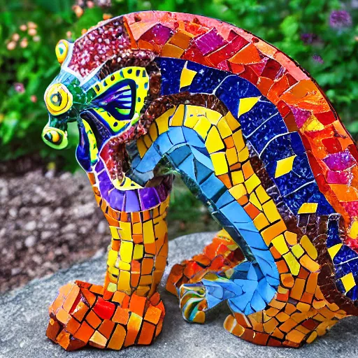 Image similar to mosaic sculpture of a alebrije chimera!!!, irregularly shaped mosaic tiles, hand glazed pottery shards, in the style of folk art, in a cottagecore flower garden