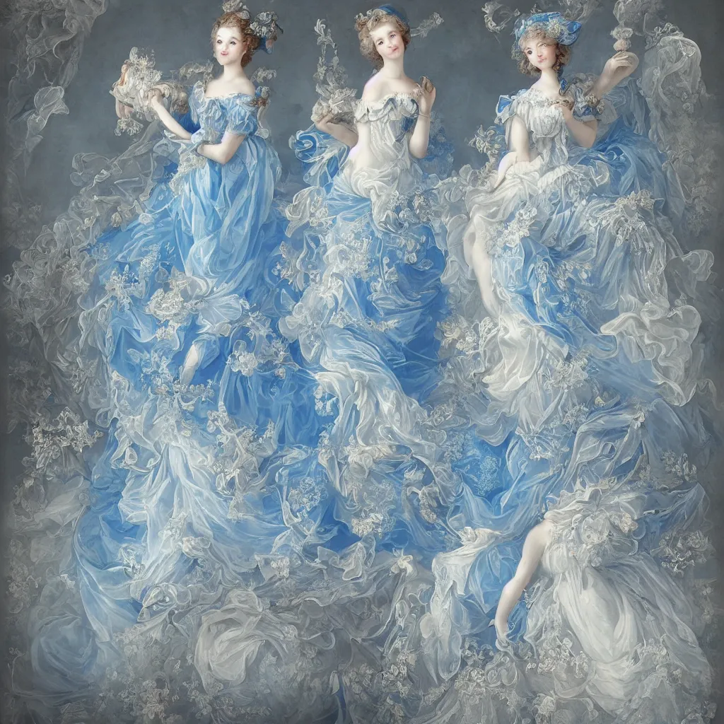 Image similar to blue dress design in the style of rococo ，Victorian era，jellyfish element，dreamy, soft ,Backlight ,luminescence，in the style of Aetherpunk,highly detailed,8k