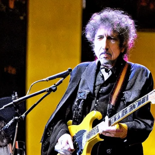 Prompt: bob dylan with walrus tusks and dressed like a minion