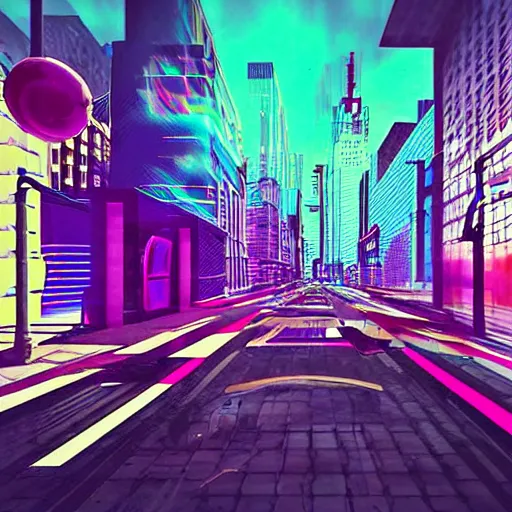 Prompt: a city street in the style of aertime, glitchart, glitch art, # glitchart, pixelsort, # pixelsort, synthwave, cyberpunk, vaporwave, deviantart