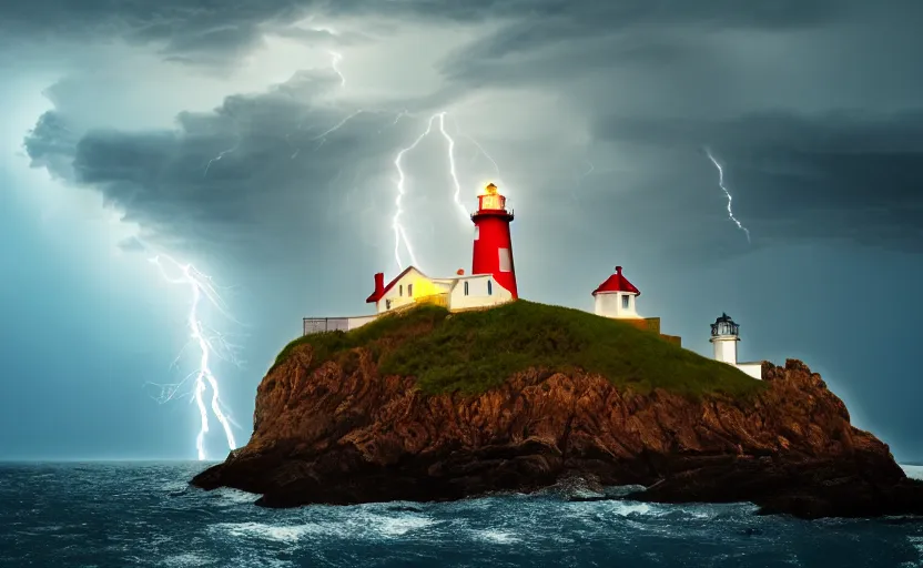 Image similar to a movie still of a lighthouse with a thunderstorm, highly detailed, 8 k