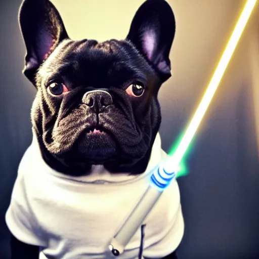 Image similar to black French Bulldog Jedi with lightsaber