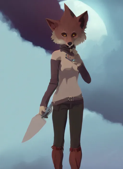 Image similar to anthro wolf fursona, a full body portrait of a the sellsword marissa bell, short red hair, fantasy, makoto shinkai, james gilleard, very detailed, matte, gaussian blur