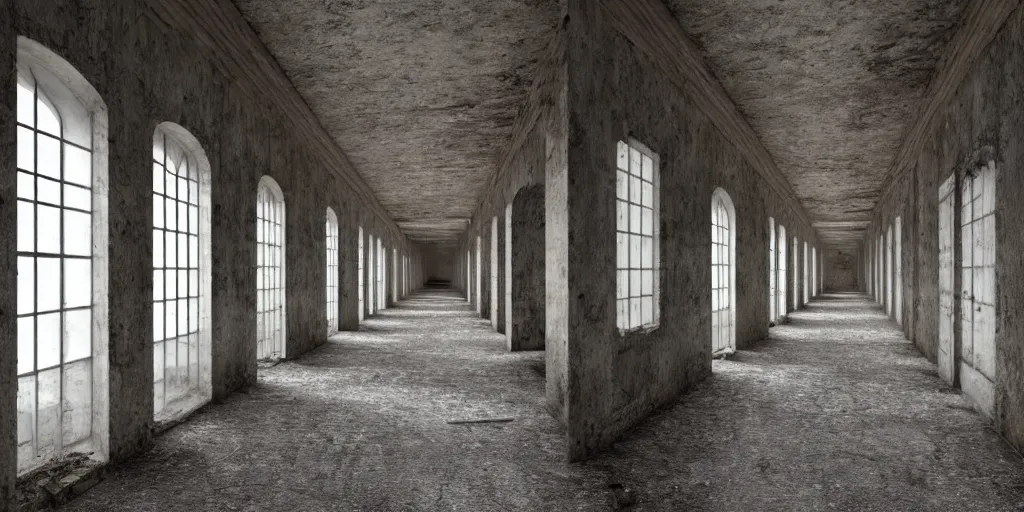 Image similar to a long decrepit asylum hallway, one point perspective, vanishing point, symmetrical composition, by lee madgwick, photorealistic, v - ray render 8 k uhd - w 7 6 8