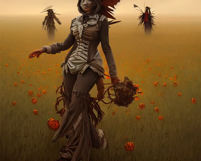 Image similar to field of scarecrows horror scene scary, deep focus, d & d, fantasy, intricate, elegant, highly detailed, digital painting, artstation, concept art, matte, sharp focus, illustration, hearthstone, art by artgerm and greg rutkowski and alphonse mucha