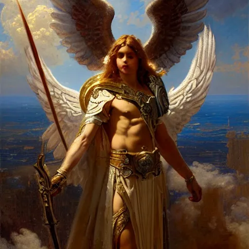 Image similar to saint michael the angel, guarding the world from evil. highly detailed painting by gaston bussiere, greg rutkowski 8 k