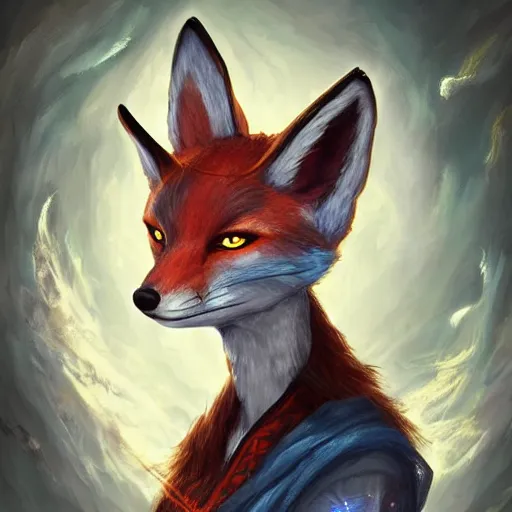 Image similar to a painted avatar portrait of an awesome powerful humanoid kitsune fox mage themed around life and death, in the style of dnd beyond avatar portraits, beautiful, artistic, elegant, lens flare, magical, lens flare, nature, realism, stylized