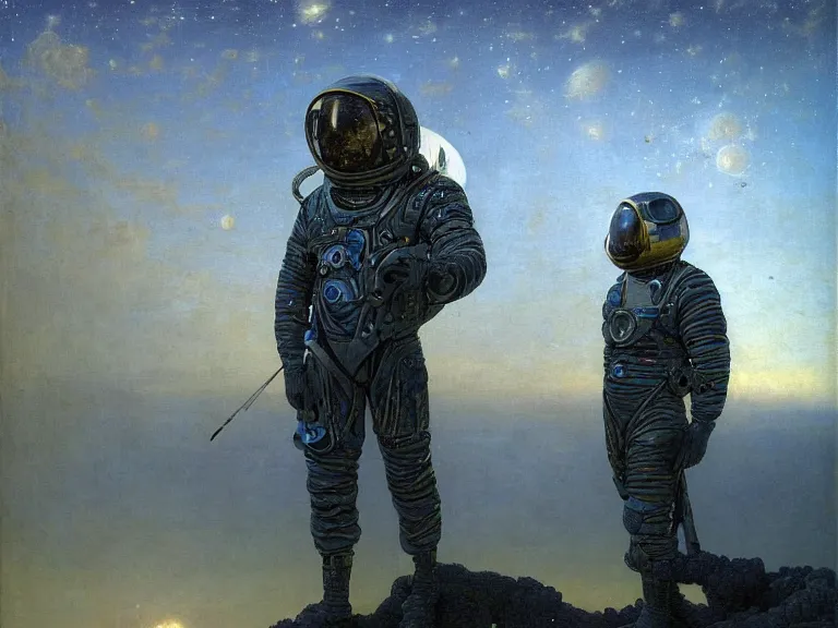 Image similar to a detailed profile oil painting of a soldier in a spacesuit with reflective helmet, advanced technology flight suit, portrait symmetrical and science fiction theme with aurora lighting clouds and stars by beksinski carl spitzweg and tuomas korpi. baroque elements, full-length view. baroque element. intricate artwork by caravaggio. Trending on artstation. 8k