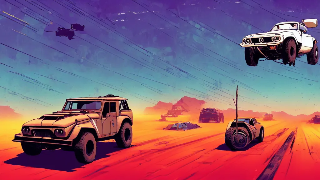 Image similar to digital illustration of mad max's fj 4 0 pursuit special, the last v 8 interceptor driving down a deserted cyberpunk highway in the middle of the day by studio ghibli, anime style year 2 0 9 3, by makoto shinkai, ilya kuvshinov, lois van baarle, rossdraws, basquiat