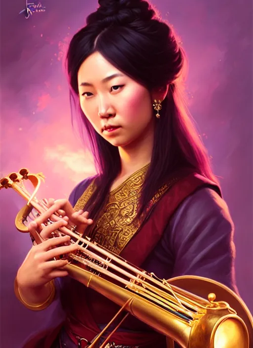 Image similar to a _ fantasy _ style _ portrait _ painting _ of asian female charismatic bard playing instrument, rpg dnd oil _ painting _ unreal _ 5 _ daz. _ rpg _ portrait _ extremely _ detailed _ artgerm _ greg _ rutkowski _ greg