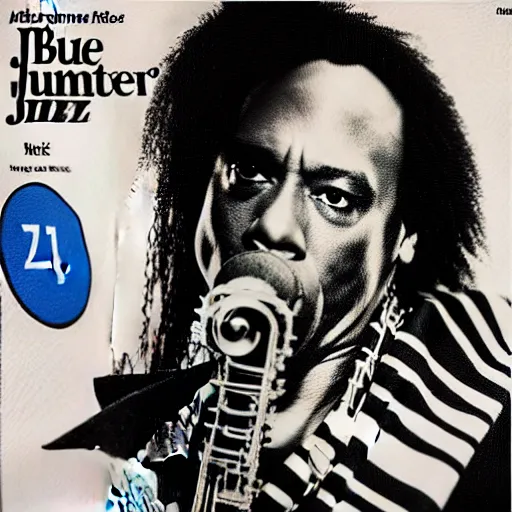 Prompt: Blue Note jazz album cover of Rick James playing the clarinet