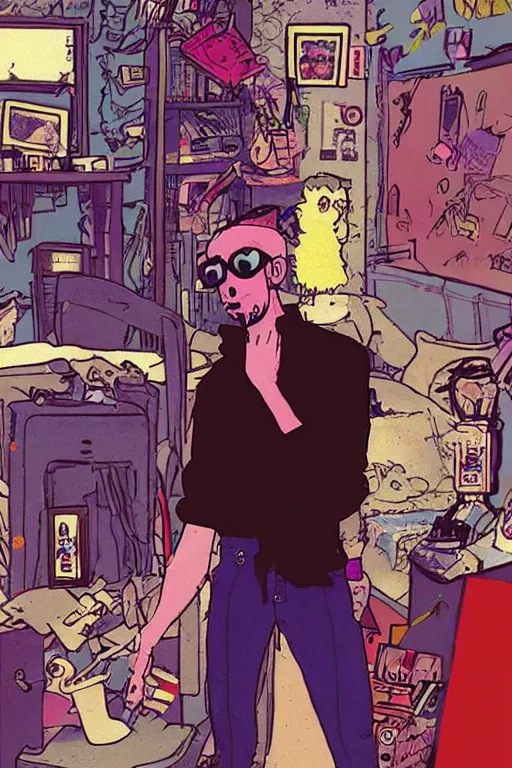 Prompt: a skinny goth guy standing in a cluttered 9 0 s bedroom by jamie hewlett, jamie hewlett art, full body character concept art, vaporwave colors, aesthetic!!,
