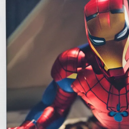 Image similar to a single iron man and spider - man hybrid, dslr, polaroid