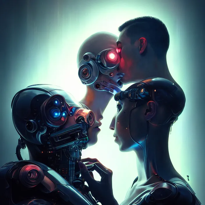 Image similar to ultra realistic medium shot of a couple of cyborgs kissing, lovers, cyberpunk, sci - fi, fantasy, kodak, colour led, soft light, volumetric lighting, night, intricate, highly detailed, digital painting, concept art, smooth, sharp focus, illustration, art by artgerm and greg rutkowski and alphonse mucha