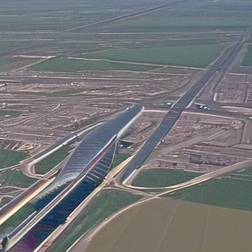 Prompt: Aerial photography depicting Hyperloop in the Netherlands. Far view, humidity haze. VX video camera still screenshot from 2003 discovery channel documentary