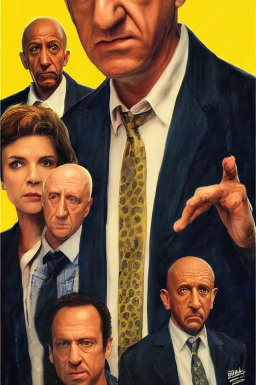 Prompt: drew struzan painting of saul goodman, mike ehrmantraut, kim wexler, and gustavo fring, hd, detailed, photorealistic, perfect likeness, 8 0 s movie poster, rim light