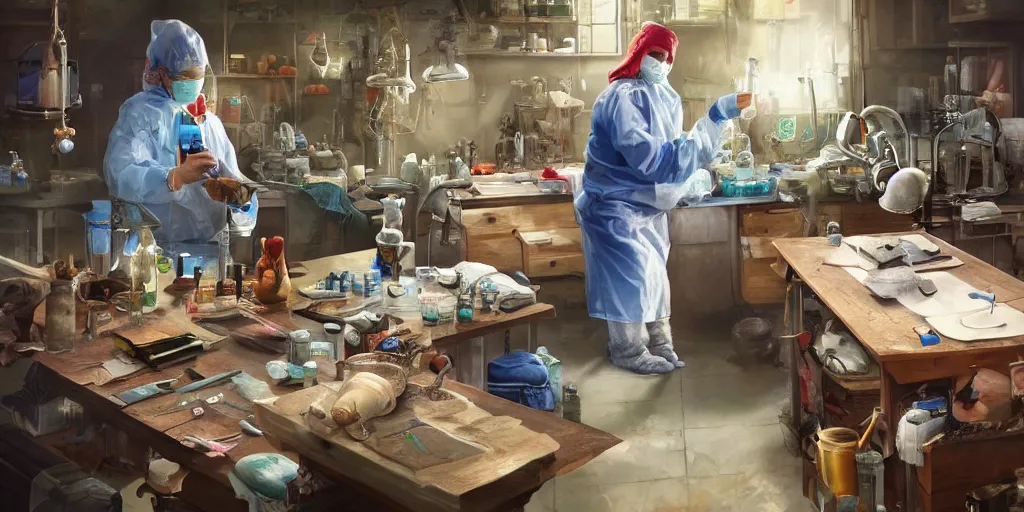 Image similar to an environmental concept art of a babushka surgeon in a cluttered mechanics workshop, surgical impliments, surgery table, highly detailed, cinematic, dramatic