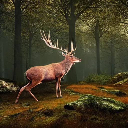 Image similar to beautiful hyper realistic stag. elven woods, celestial highly detailed magic athmospher. beautiful highly detailed forest background. blue light. sunlight rays throught the trees. intricate, elegant, long shot 8 k rendering.