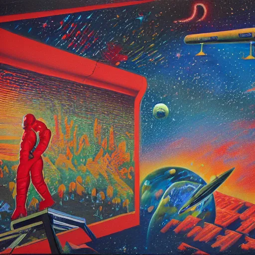 Image similar to rough texture, tempera, starburst background, astronauts and space colonies, utopian, by david a. hardy, wpa, public works mural, socialist, propaganda